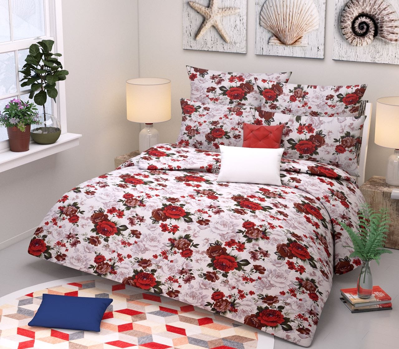 Red Rose Snow Pattern Three Dimensional Bedsheet With Two Free Pillow Covers 